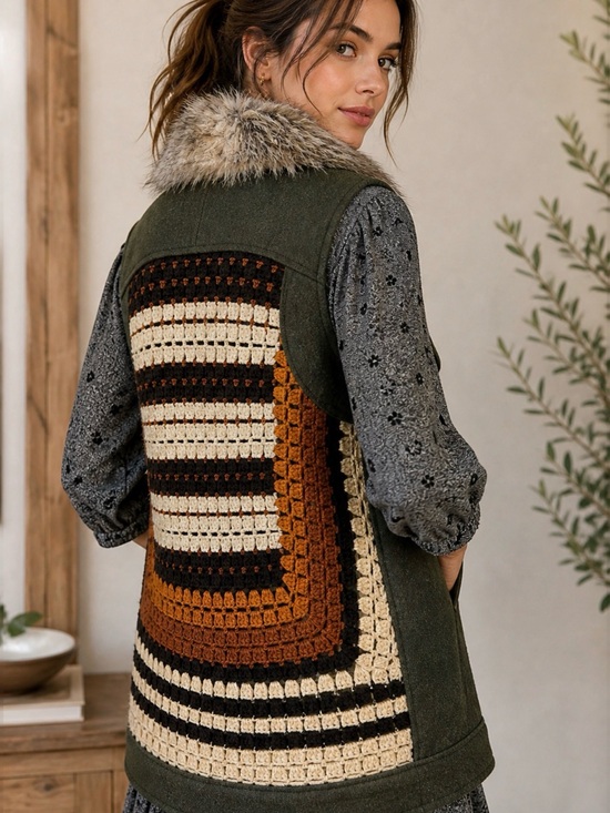 Anthropologie Jackets & Blazers - Anthropologie ❤️ Elevenses Boho Faux Fur Collar Crochet Vest Wool Blend Green